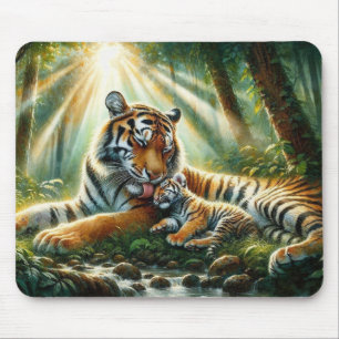 Tigers in a Lush Jungle Watercolor Painting Mouse Pad