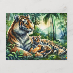 Tigers in a Lush Jungle Watercolor Painting Postcard