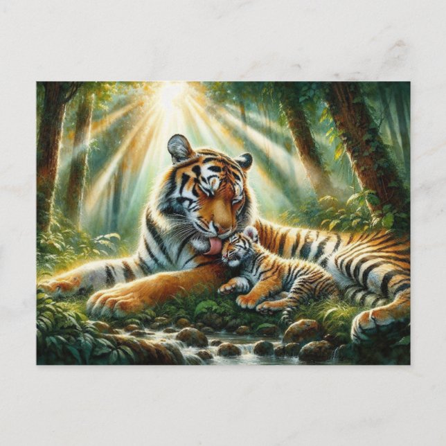 Tigers in a Lush Jungle Watercolor Painting Postcard (Front)