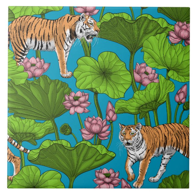 Tigers in the pink lotus pond ceramic tile (Front)