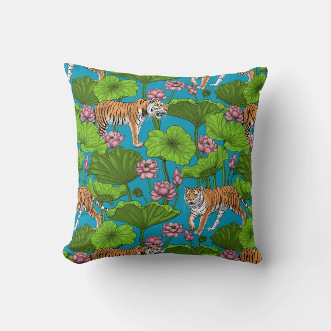 Tigers in the pink lotus pond cushion (Front)