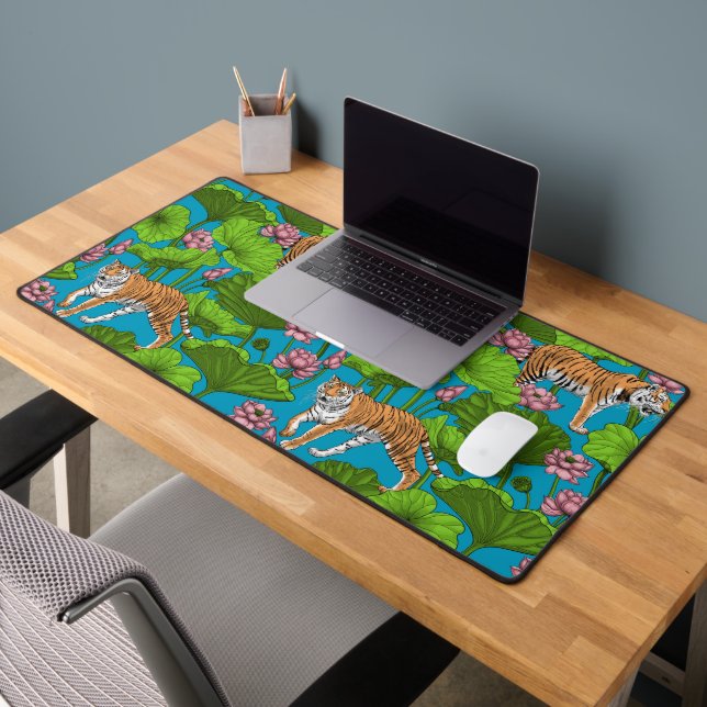 Tigers in the pink lotus pond desk mat (Office 2)