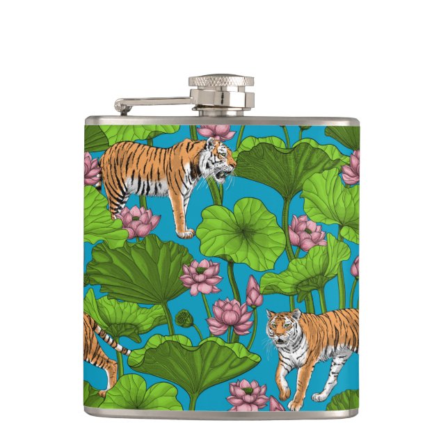 Tigers in the pink lotus pond hip flask (Front)