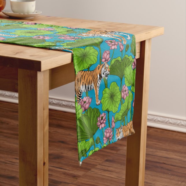 Tigers in the pink lotus pond short table runner (In Situ)
