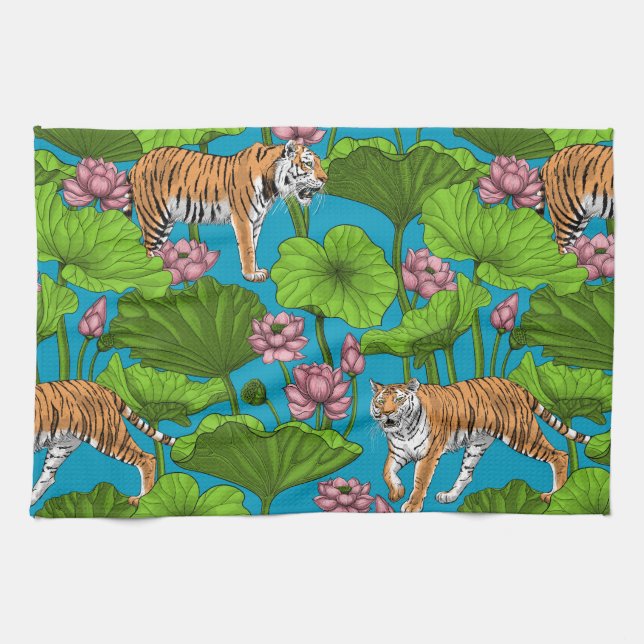 Tigers in the pink lotus pond tea towel (Horizontal)