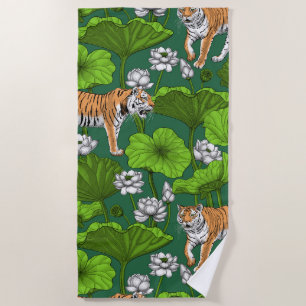 Tigers in the white lotus pond beach towel