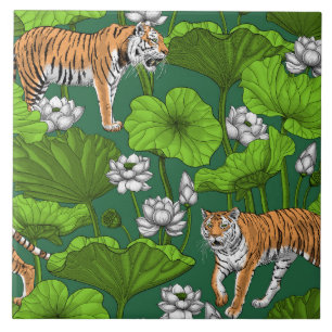 Tigers in the white lotus pond ceramic tile