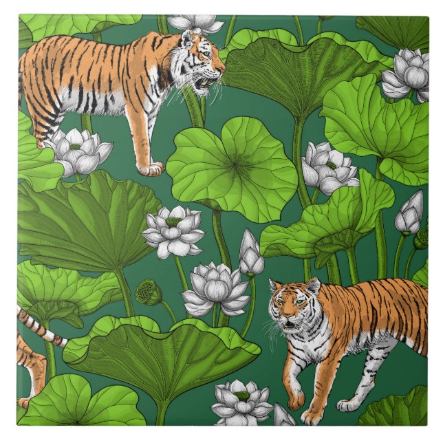 Tigers in the white lotus pond ceramic tile (Front)