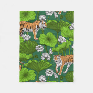 Tigers in the white lotus pond fleece blanket