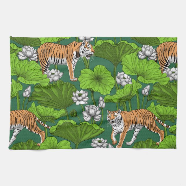 Tigers in the white lotus pond tea towel (Horizontal)