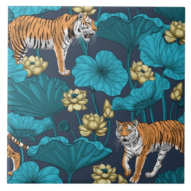 Tigers in the yellow lotus pond ceramic tile (Front)