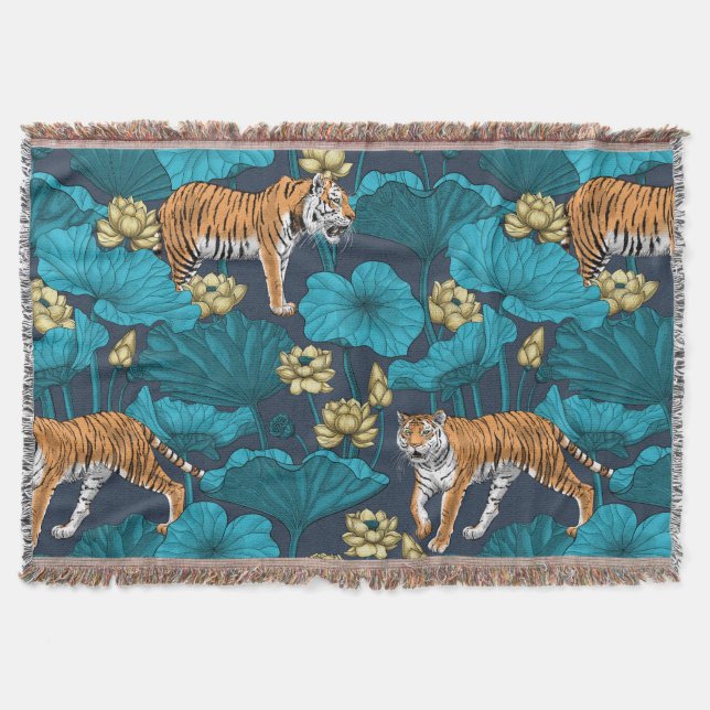Tigers in the yellow lotus pond throw blanket (Front)