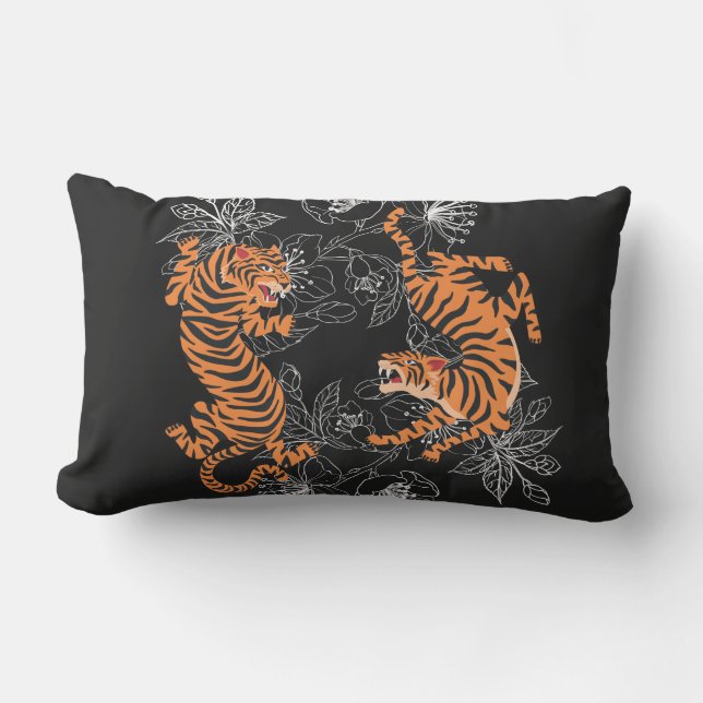Tigers Japanese Art Style Black Background Lumbar Cushion (Front)