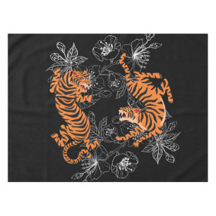 Tigers Japanese Art Style Black Background Tablecloth