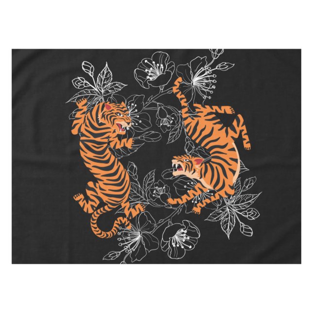 Tigers Japanese Art Style Black Background Tablecloth (Front (Horizontal))