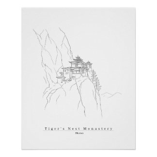 Tiger's Nest Bhutan Minimalist Line Art Paro Takts Poster