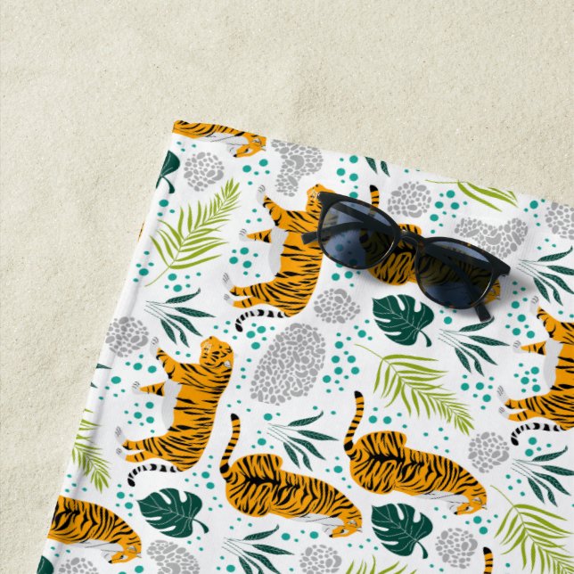 Tigers & Tropical Leaves Pattern Beach Towel (In Situ)