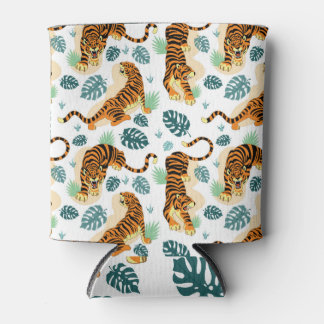 Tigers Tropical Leaves: Vintage Illustration. Can Cooler
