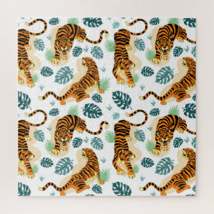 Tigers Tropical Leaves: Vintage Illustration. Jigsaw Puzzle