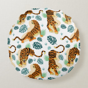 Tigers Tropical Leaves: Vintage Illustration. Round Cushion