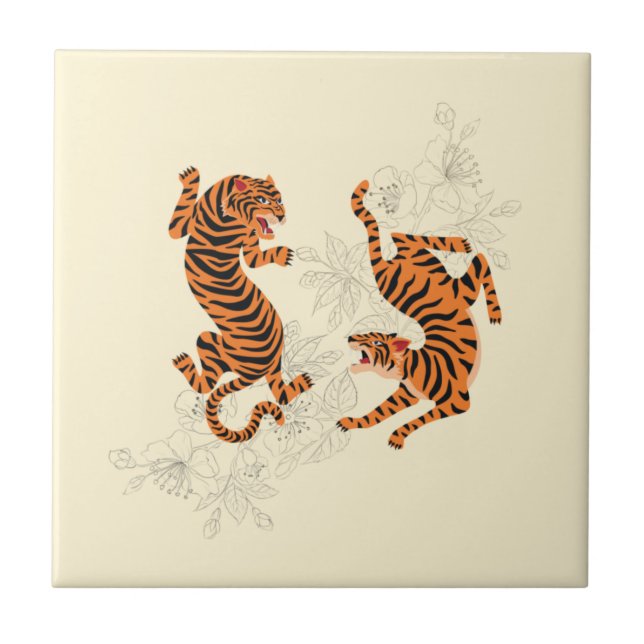 Tigers With Cherry Blossom Ceramic Tile (Front)