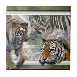 Tigers, Zebra,Giraffe, Primitive Jungle Tile
