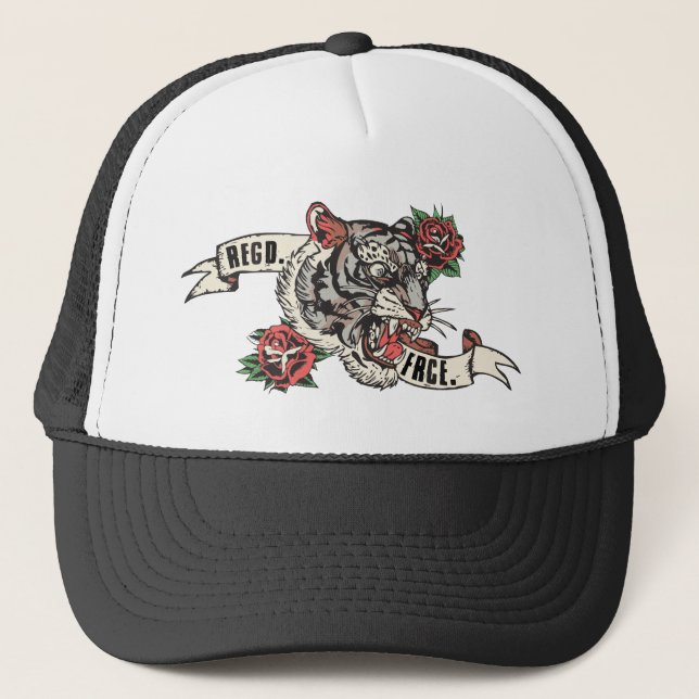 tigre banderole tattoo regd frce old school rose f trucker hat (Front)