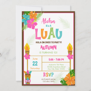 Tiki Aloha Luau Hawaiian Tropical Summer Birthday Invitation