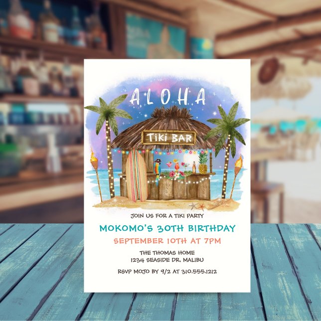 Tiki Beach Bar Moon Stars Tropical Birthday Invitation (Creator Uploaded)