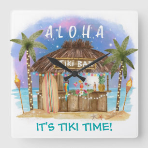 Tiki Beach Bar Tropical Decor Square Wall Clock