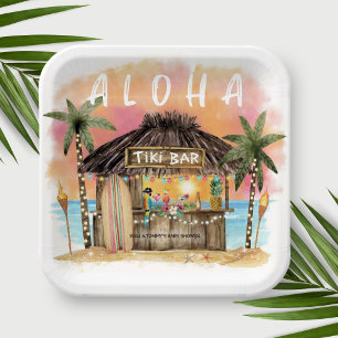 Tiki Beach Bar Tropical Surf & Sea Baby Shower Paper Plate