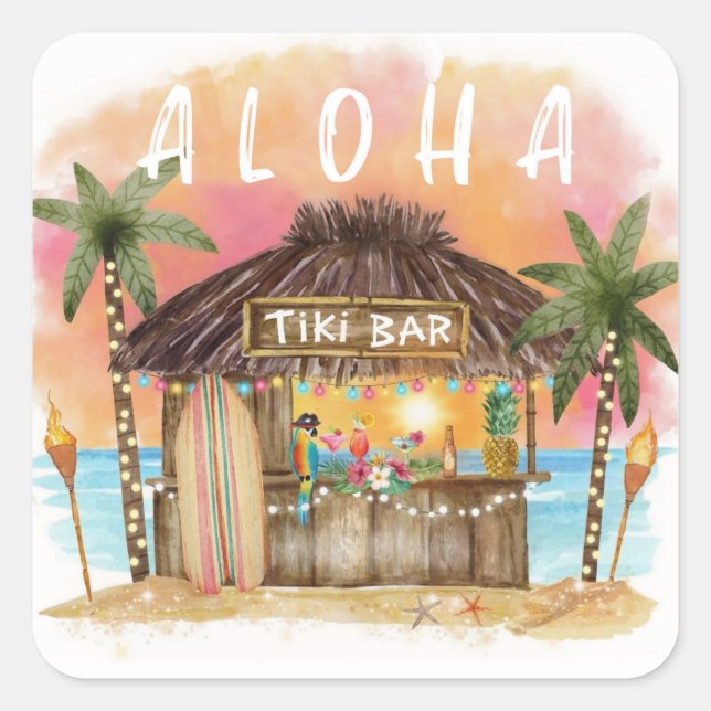 Tiki Beach Bar Tropical Surf & Sea  Square Sticker (Front)