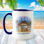 Tiki Beach Santa Mele Kalikimaka Christmas  Mug<br><div class="desc">Tropical Christmas mug features Santa enjoying a vacation at a Tiki bar on the beach under the moon and stars with palm trees, holiday string lights and Hawaiian "Aloha" and "Mele Kalikimaka" greetings. Tropical cocktails, a pineapple, hibiscus and palm leaves, a surfboard and a parrot in a pirate hat decorate...</div>