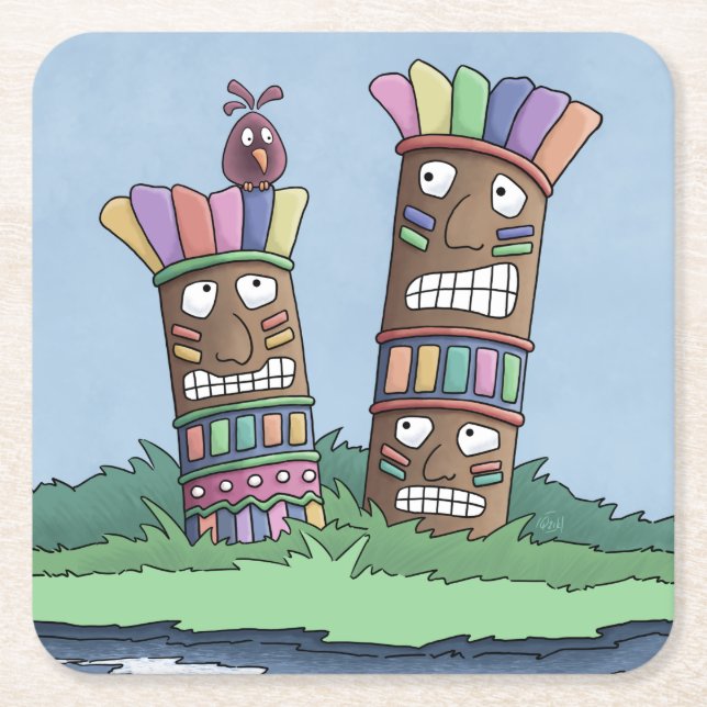 Tiki Bird Rosebud Square Paper Coaster (Front)