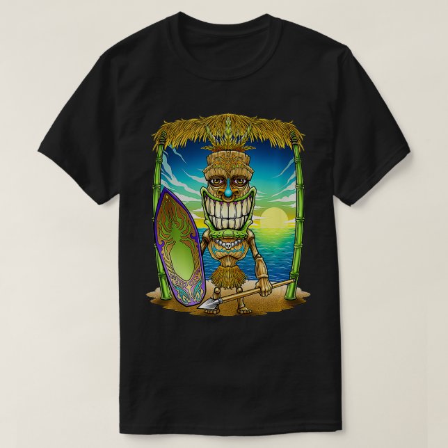 Tiki Head Surfer Surfboard Beach Hawaii Hut Tribal T-Shirt (Design Front)