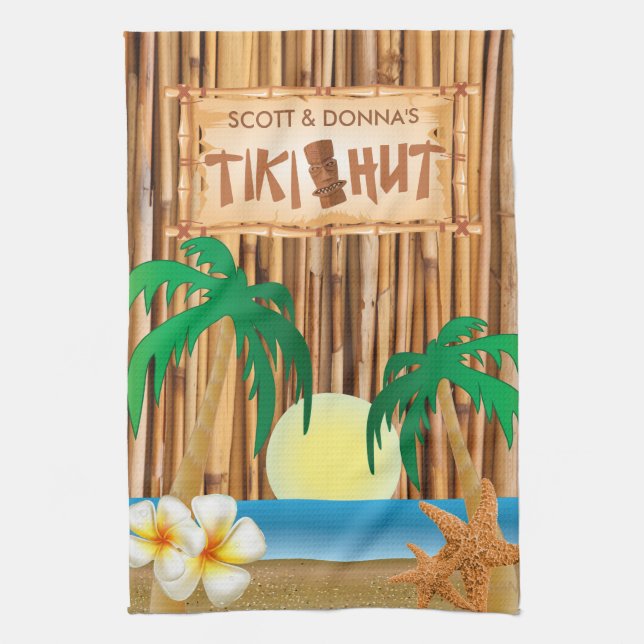 Tiki Hut Bamboo Stick Design Tea Towel (Vertical)
