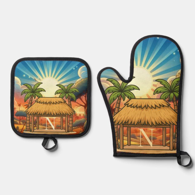 Tiki Hut Sunrise Monogram Personalised  Oven Mitt & Pot Holder Set (Front)