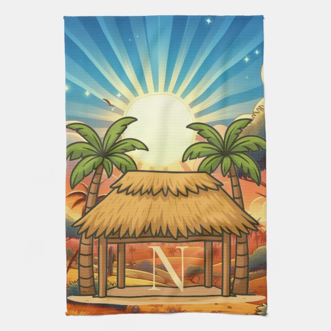 Tiki Hut Sunrise Monogram Personalised  Tea Towel (Vertical)