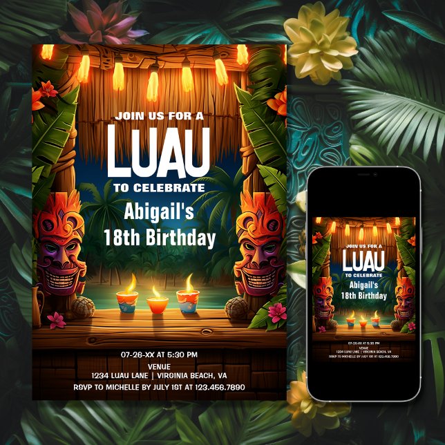 Tiki Luau Hawaiian Tropical Island Beach Birthday Invitation (Printed and Digital - Tiki Luau Hawaiian Tropical Island Beach Birthday Invitation)
