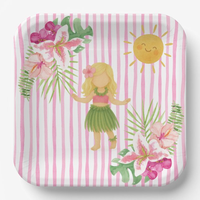 Tiki Luau Party, Hawaii Birthday, Hula Girl  Paper Plate (Front)