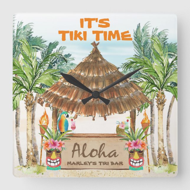 Tiki Luau | Tropical Beach Tiki Bar Aloha Square  Wall Clock (Front)