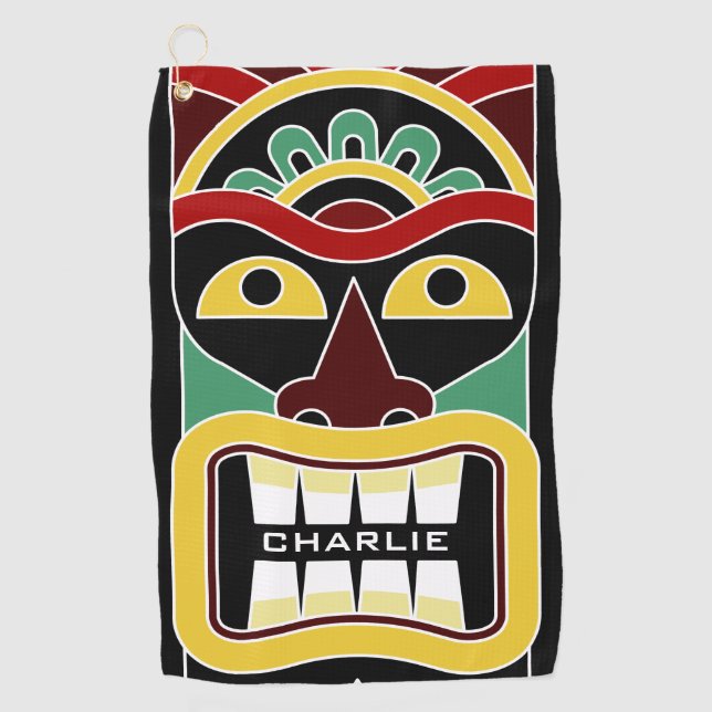 Tiki Mask custom name golf towel (Front)