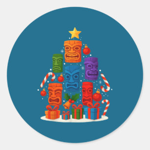 Tiki Mask Luau Christmas Tree Hawaiian Xmas Hat Ha Classic Round Sticker