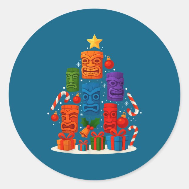 Tiki Mask Luau Christmas Tree Hawaiian Xmas Hat Ha Classic Round Sticker (Front)