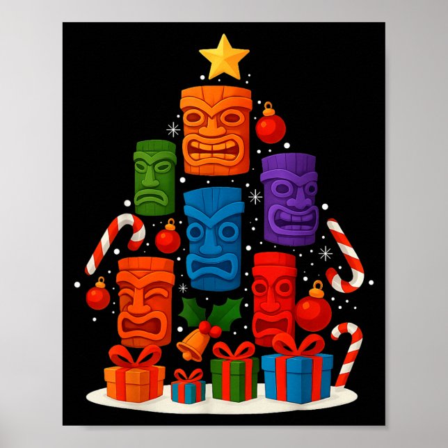 Tiki Mask Luau Christmas Tree Hawaiian Xmas Hat Ha Poster (Front)