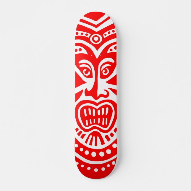 Tiki Mask Style - Red on Wood Skateboard (Front)