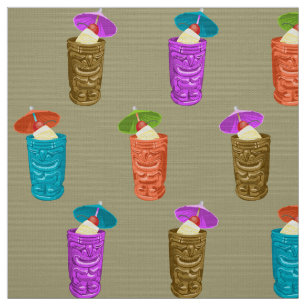 Tiki Mugs Retro Hawaiian Tropical Drinks Fabric