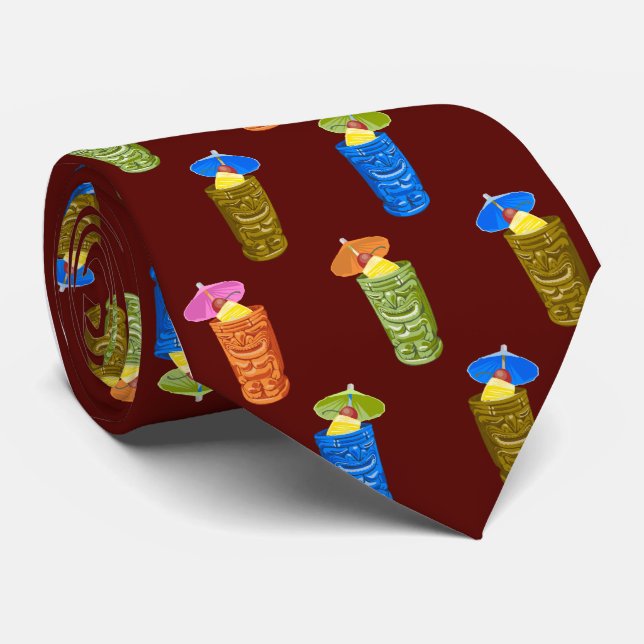 Tiki Mugs Tropical Cocktail Burgundy Single-sided Tie (Rolled)