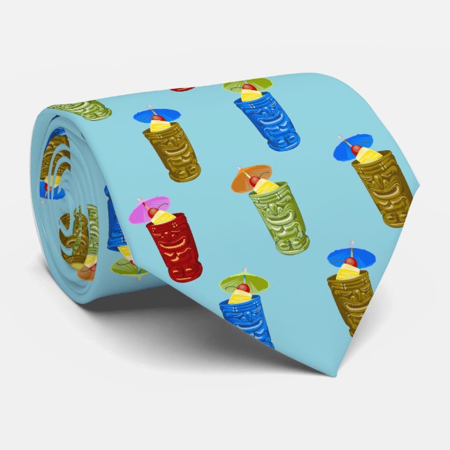 Tiki Mugs Tropical Cocktail Turq Single-sided Tie (Rolled)