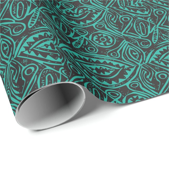 Tiki Pattern Black and Green  Wrapping Paper (Roll Corner)